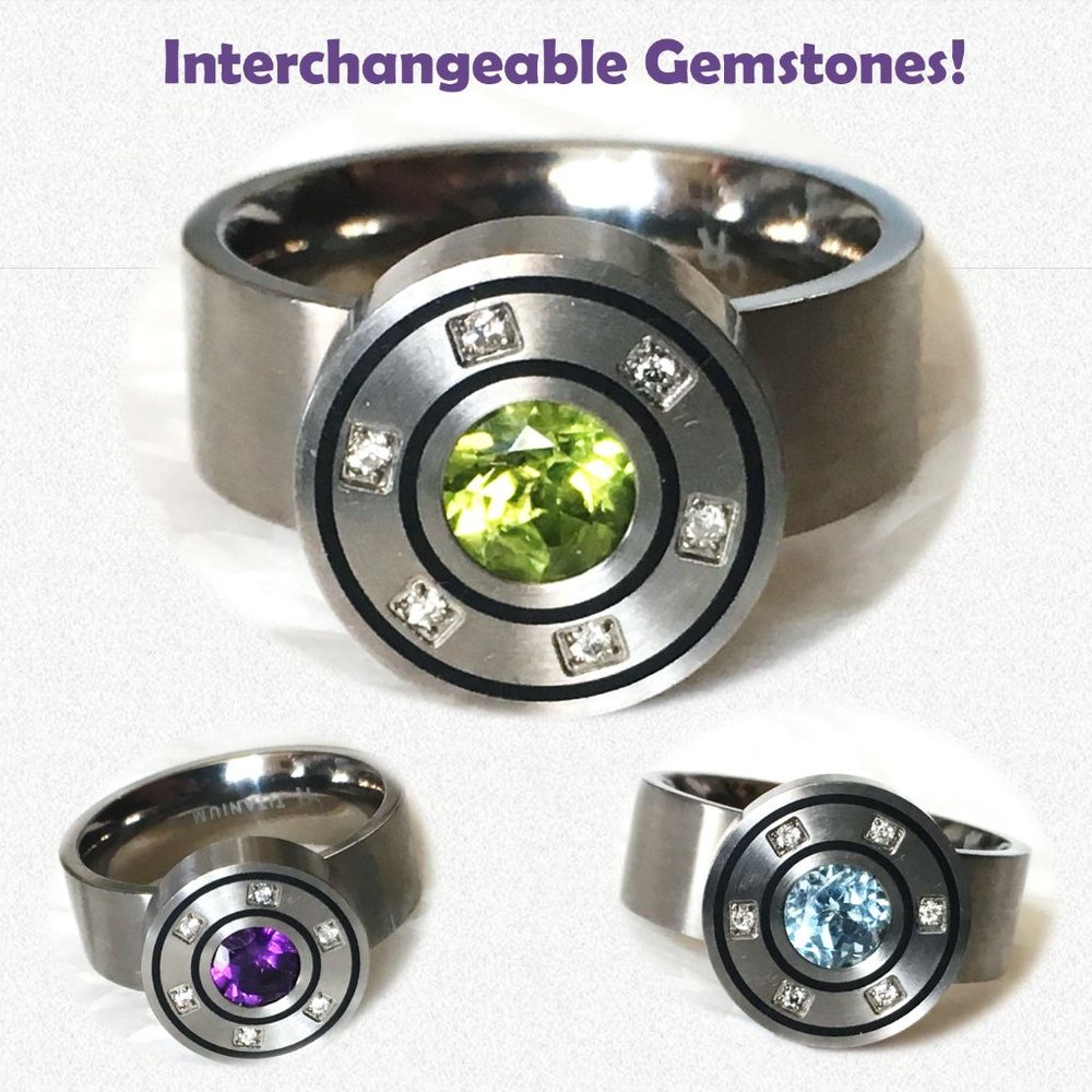 3-in-1 Gemstone Titanium Ring Unisex Size 11 Amethyst Peridot Blue Topaz